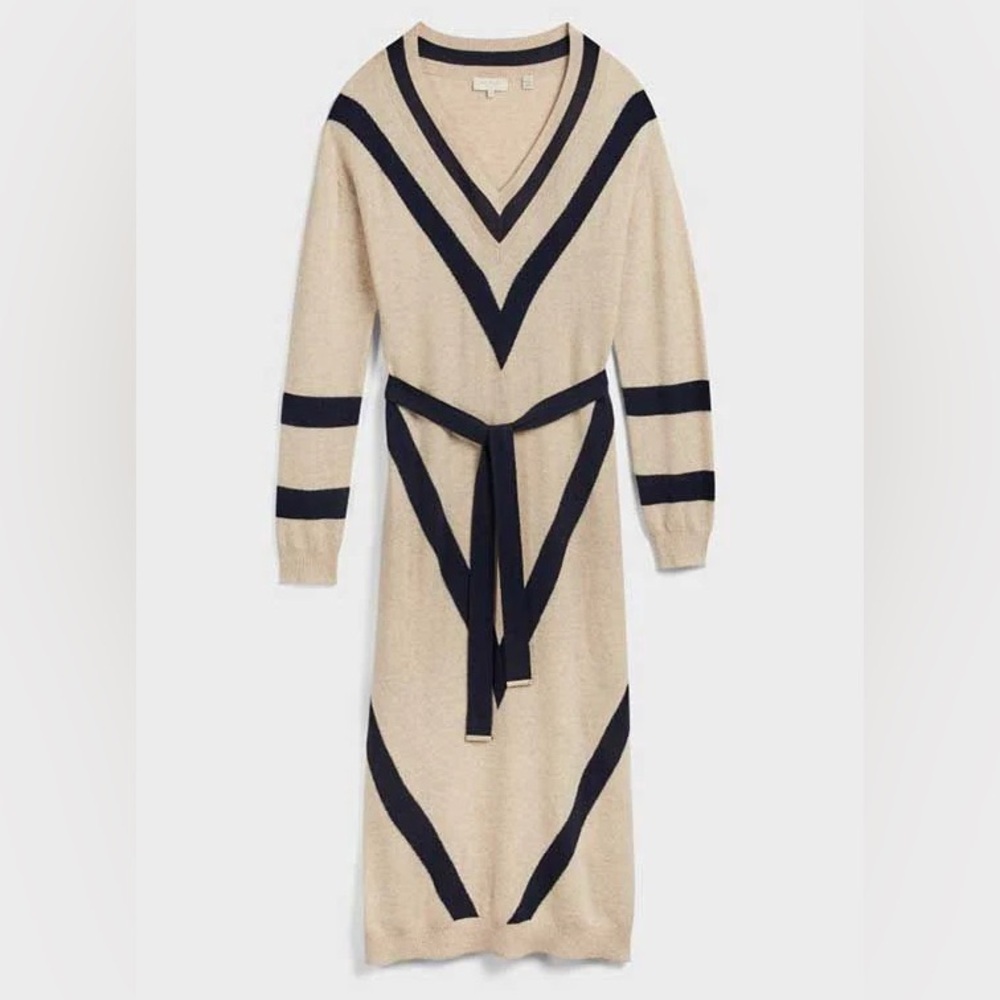 Ted Baker Merino Wool Cashmere Knit Long Sleeve Cream Black Midi Sweater Dress